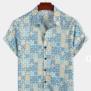Men's Vintage Blue Floral Cotton Breathable Shirt
